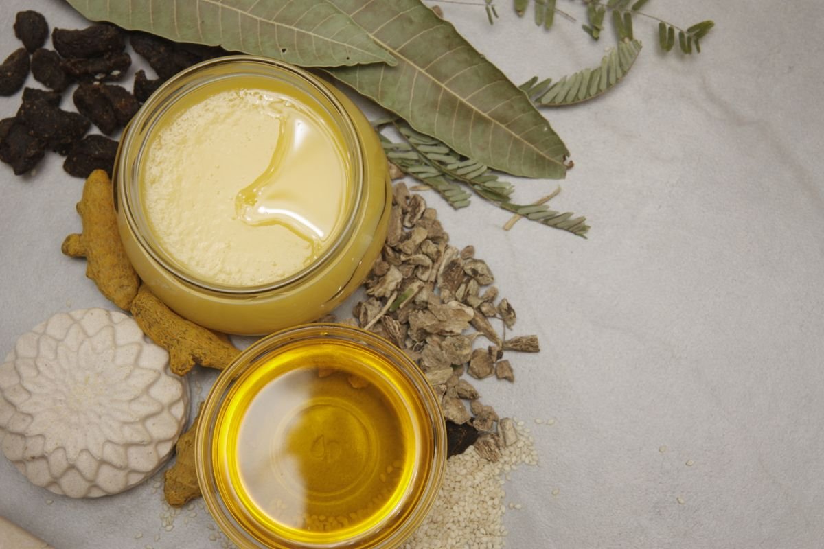 Honey, oil and herbal ingredients used in traditional wellness treatments at Ganga Spa
